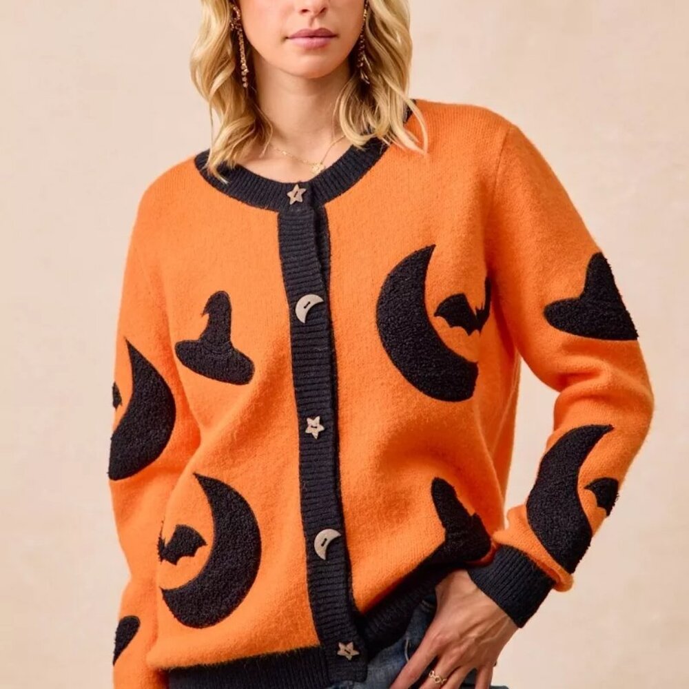 BiBi Halloween Witch Hat Moon Bat Artwork Cardigan